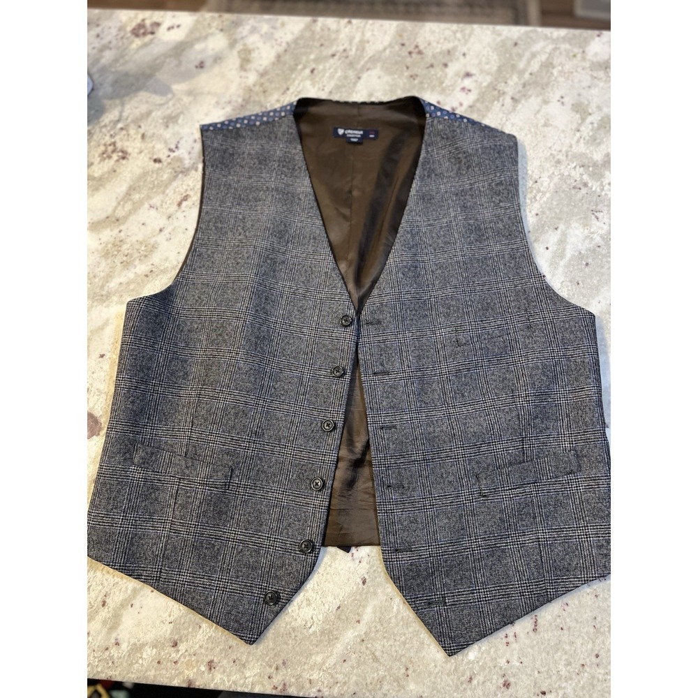 Cremieux Collection‎ Mens Suit Vest Grey Blue Glen Plaid Waistcoat Cinch Back XL